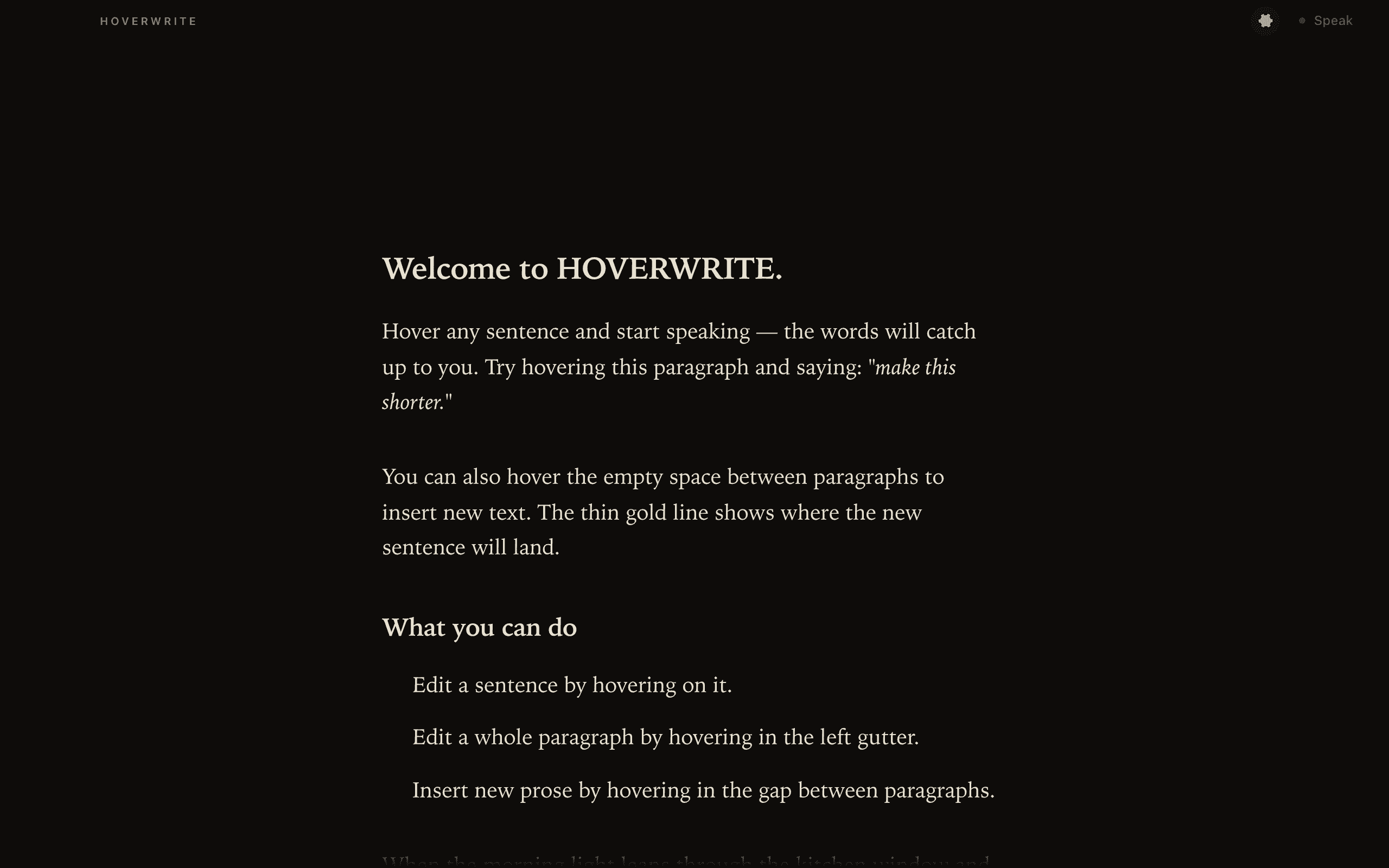 HOVERWRITE editor — dark theme
